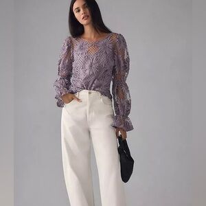 Anthropologie X Eva Franco Lace Polka-dot Floral Sheer Lavender Blouse Top SZ S